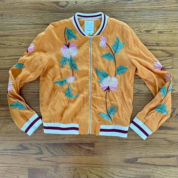 Anthropologie Elevenses Golden Yellow Floral Embroidered Zip Bomber Jacket XS - Picture 3 of 9